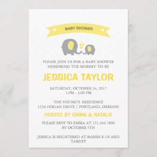 Invitation Baby shower jaune éléphant neutre pour les femmes 