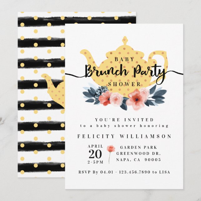 Invitation Baby shower Jaune Floral Bunal Tea Party (Devant / Derrière)