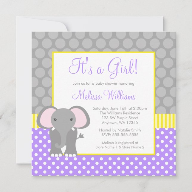 Invitation Baby shower jaune gris pourpre de fille d'éléphant (Devant)