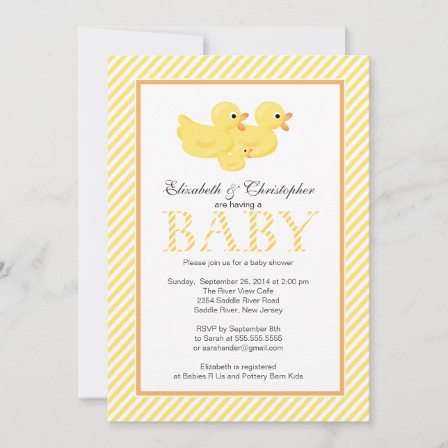 Invitation Baby shower jaune moderne de couples de canards (Devant)
