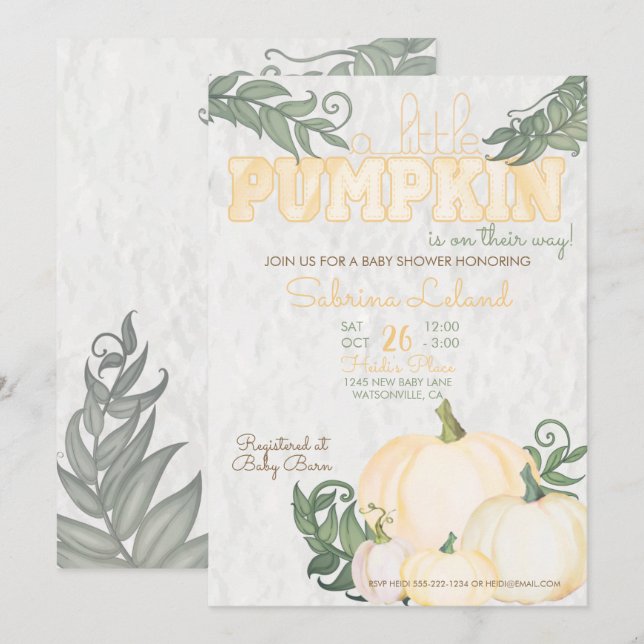 Invitation Baby shower jaune petit Citrouille (Devant / Derrière)