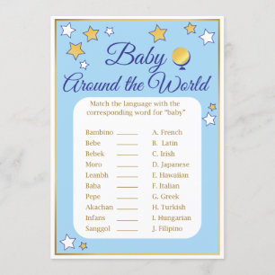 Invitation Baby shower Jeu autour du monde Blue Gold Stars