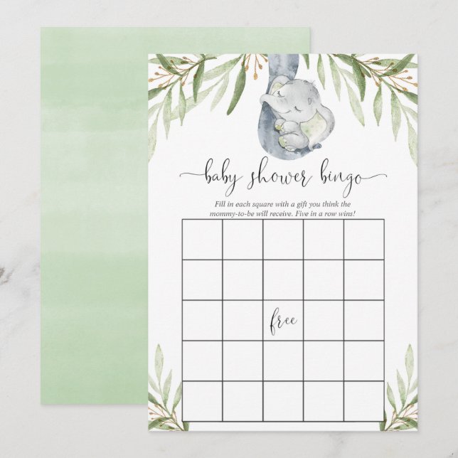 Invitation Baby shower jeu de bingo genre neutre éléphant (Devant / Derrière)