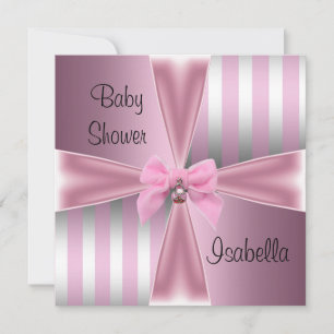 Invitation Baby Shower Joli Satin Rose Rayure Argentée Arc