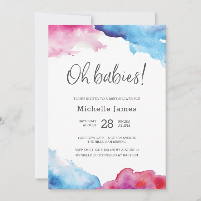 Invitation Baby shower jumeau | Bleu et rose (Devant)