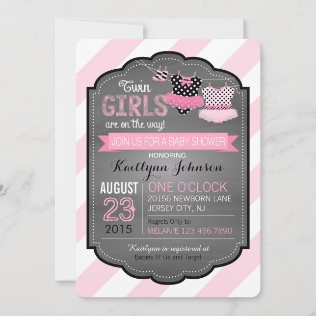 Invitation Baby shower jumeau de filles de tutu et de rayure (Devant)