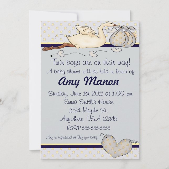 Invitation Baby shower jumeau de garçons (Devant)