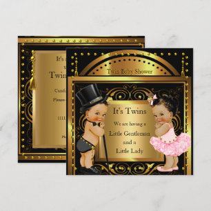 Invitation Baby shower jumeau garçon et fille Gold Brunette