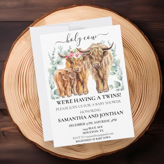Invitation Baby shower jumeau Holy Cow Highland Eucalyptus (Créateur téléchargé)