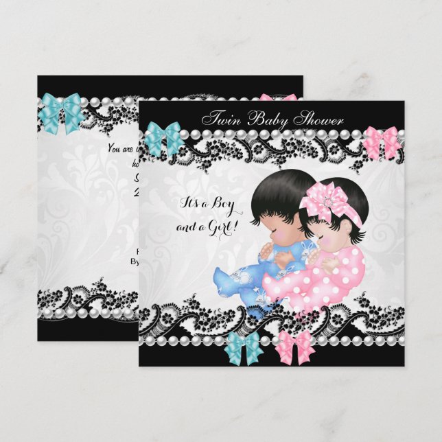 Invitation Baby shower jumeau mignon fille rose garçon bleu (Devant / Derrière)