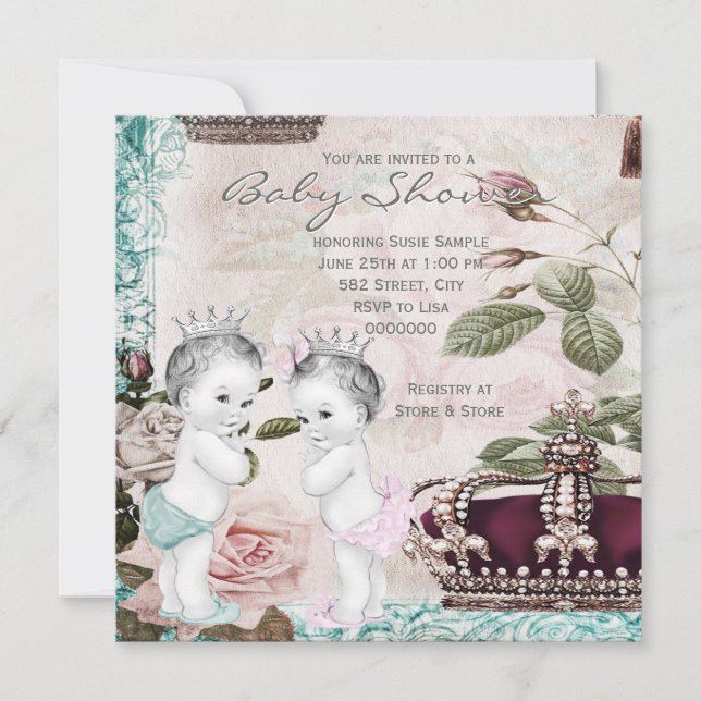 Invitation Baby shower jumeau Prince et Princesse (Devant)