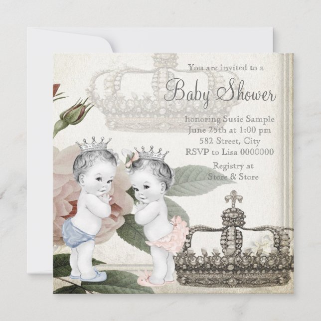 Invitation Baby shower jumeau Prince et Princesse (Devant)