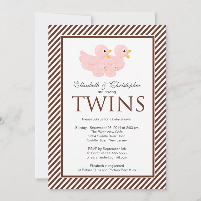 Invitation Baby shower Jumeaux à deux canards roses moderne (Devant)