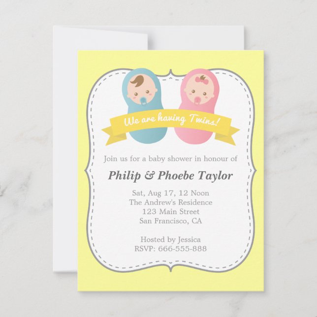 Invitation Baby shower jumeaux - Bébé mignon garçon et fille (Devant)