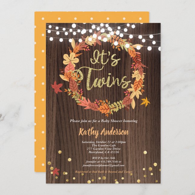 Invitation baby shower jumeaux d'automne, couronnes de bois r (Devant / Derrière)