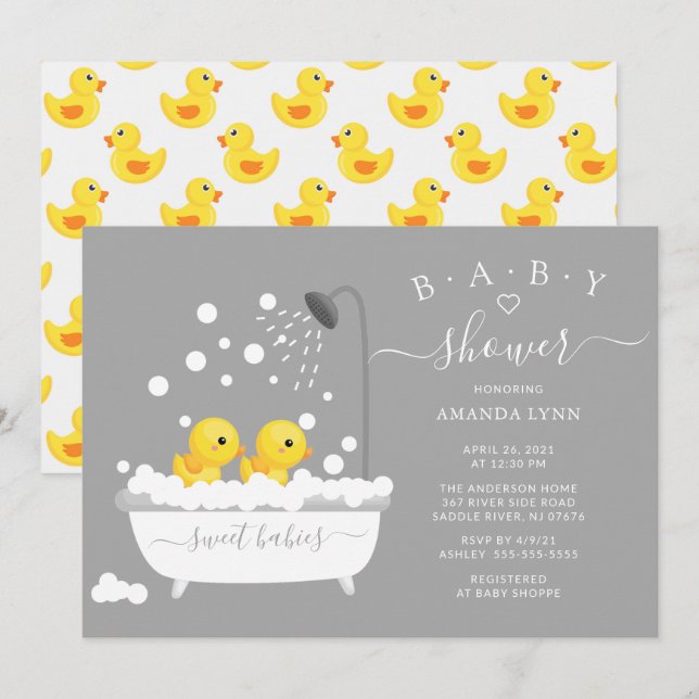 Invitation Baby shower jumeaux en caoutchouc (Devant / Derrière)