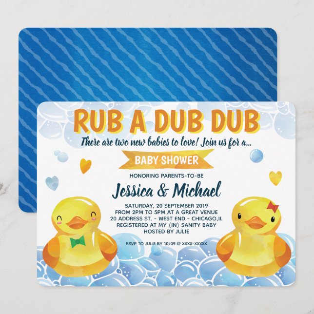 Invitation Baby shower jumeaux en caoutchouc canard garçon-fi (Devant / Derrière)