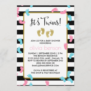 Invitation Baby shower jumeaux en or rose et bleu