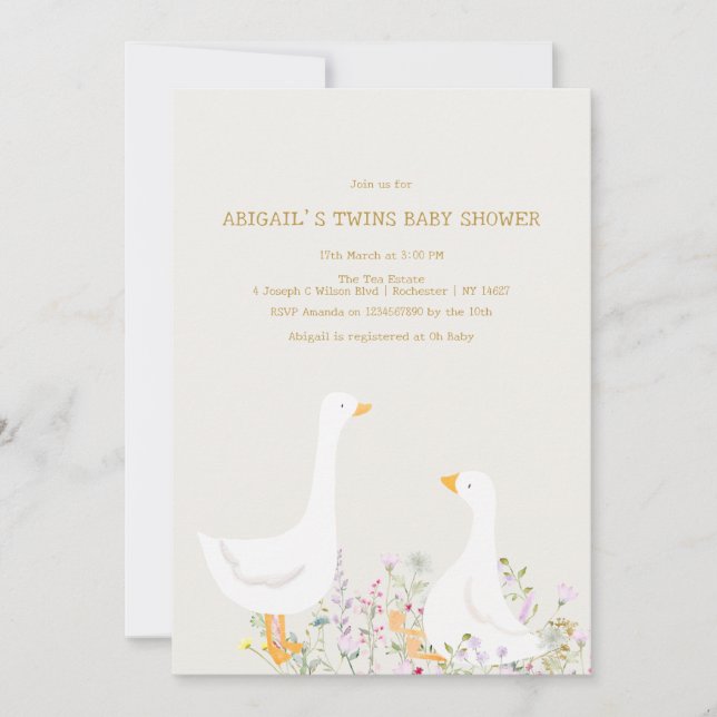 Invitation Baby shower Jumeaux Fleur sauvage de l'oie d'aquar (Devant)