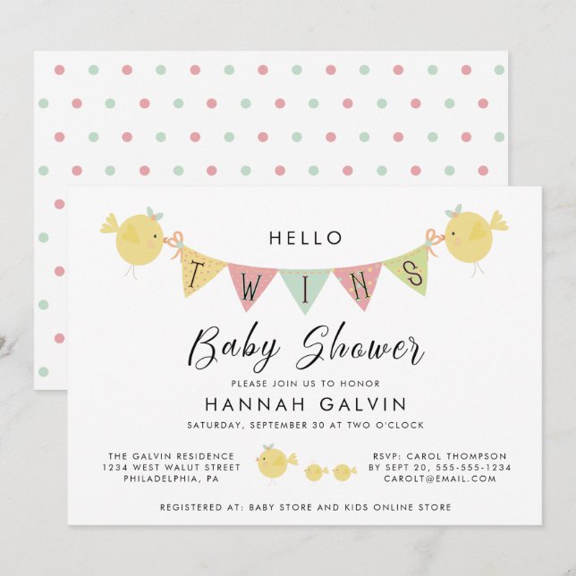 Invitation Baby shower jumeaux| Mama Bird & Chicks (Devant / Derrière)