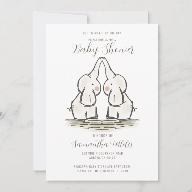 Invitation Baby shower Jumeaux Mets Par Mail Elephants (Devant)