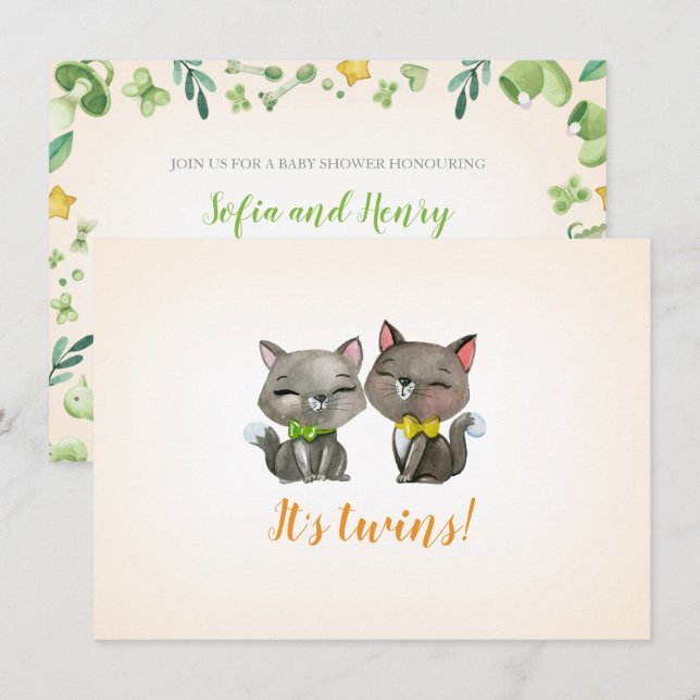 invitation baby shower | jumeaux | neutre | chat (Devant / Derrière)