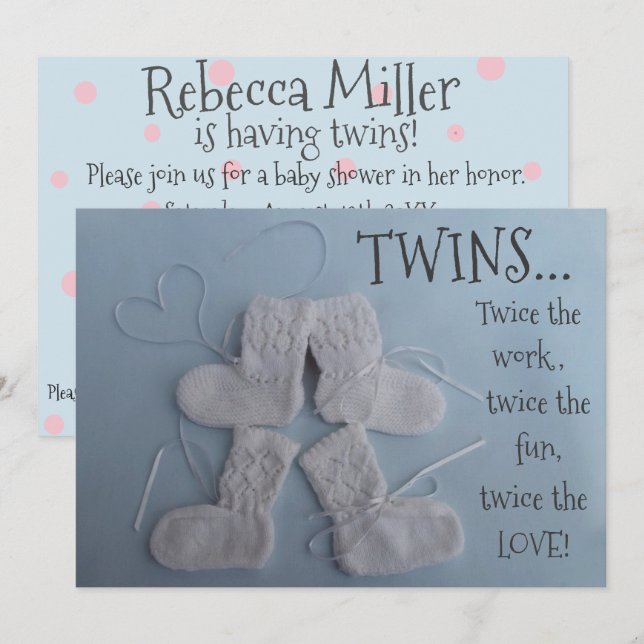 Invitation Baby shower jumeaux neutre genre bottes mignonnes (Devant / Derrière)