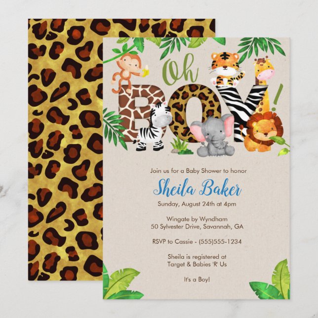 Invitation Baby shower Jungle - Baby shower garçon (Devant / Derrière)