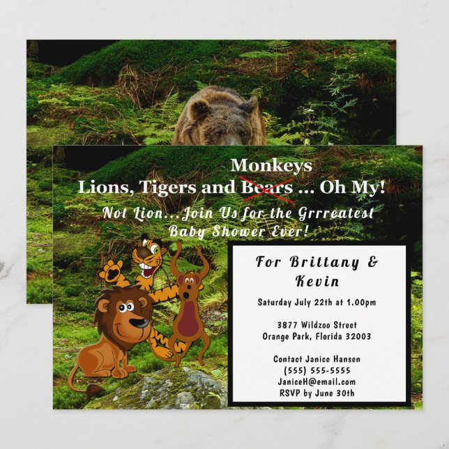 Invitation Baby shower Jungle Couple, Ours Lion Tiger Singe (Devant / Derrière)