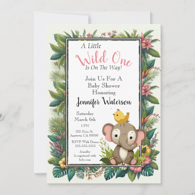 Invitation Baby shower Jungle Floral Frame Elephant (Devant)