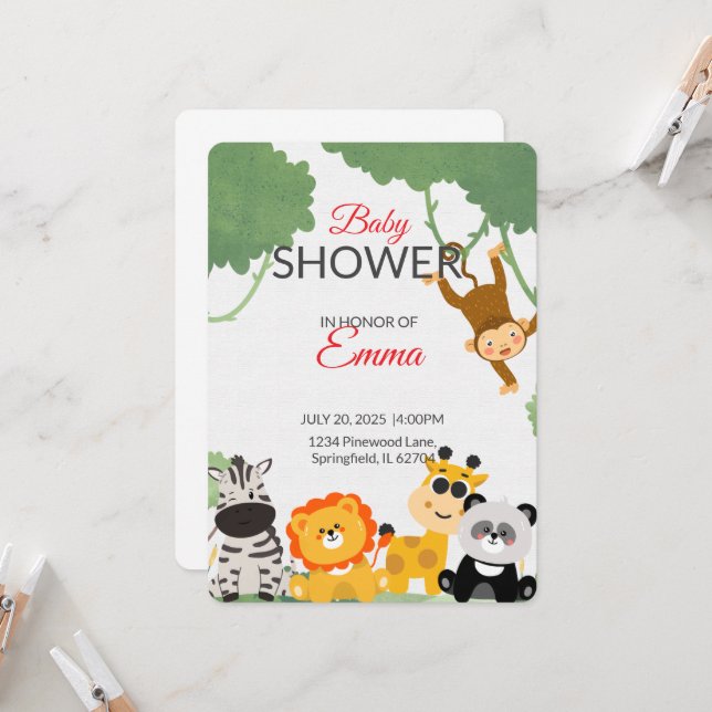 Invitation Baby shower Jungle Safari Animaux (Devant/Arrière en situation)