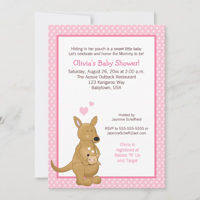Invitation Baby shower Kangourou avec points roses (Devant)