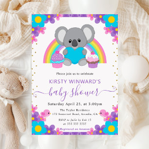 Invitation Baby-Shower Koala Arc-en-Ciel Floral Aquarelle