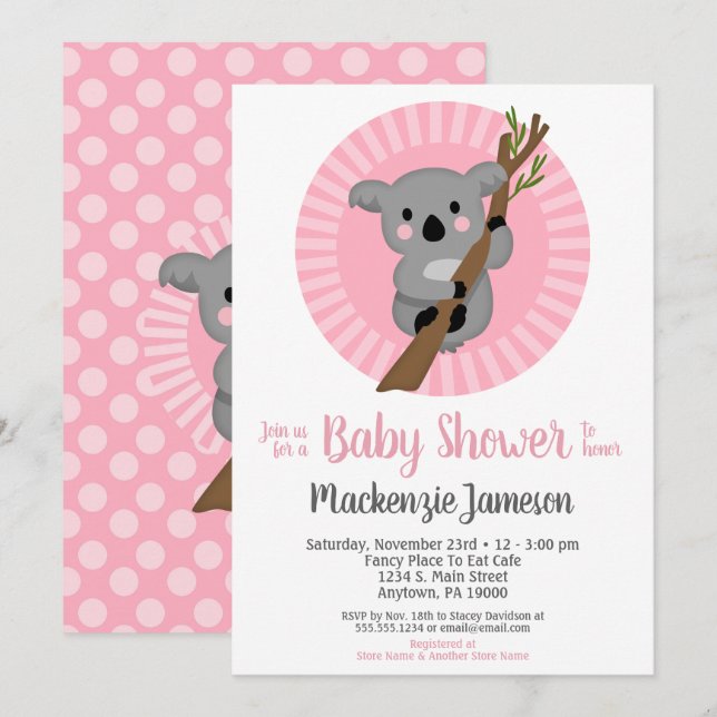 Invitation Baby shower Koala Bear Rose Girls (Devant / Derrière)