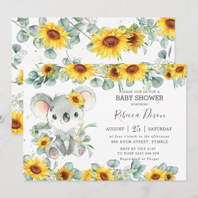 Invitation Baby shower Koala de tournesol Eucalyptus vert (Devant / Derrière)