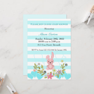 Invitation Baby shower Lapin blanc et bleu bandes turquoises