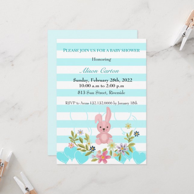 Invitation Baby shower Lapin blanc et bleu bandes turquoises (Devant/Arrière en situation)