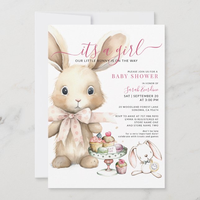 Invitation Baby shower lapin d'aquarelle fille (Devant)