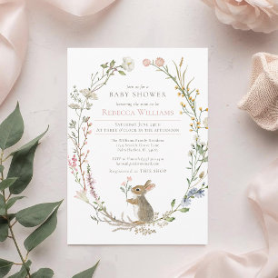 Invitation Baby Shower Lapin de la Forêt de Fleurs Sauvages à