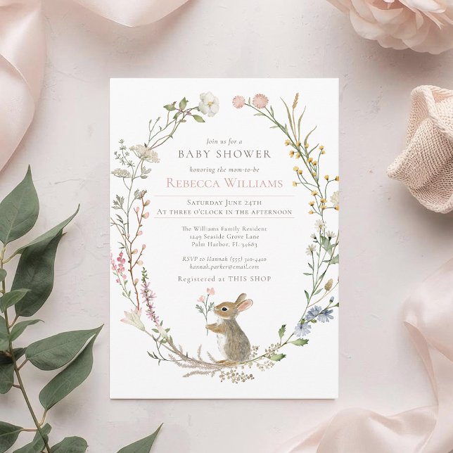 Invitation Baby Shower Lapin de la Forêt de Fleurs Sauvages à (Créateur téléchargé)