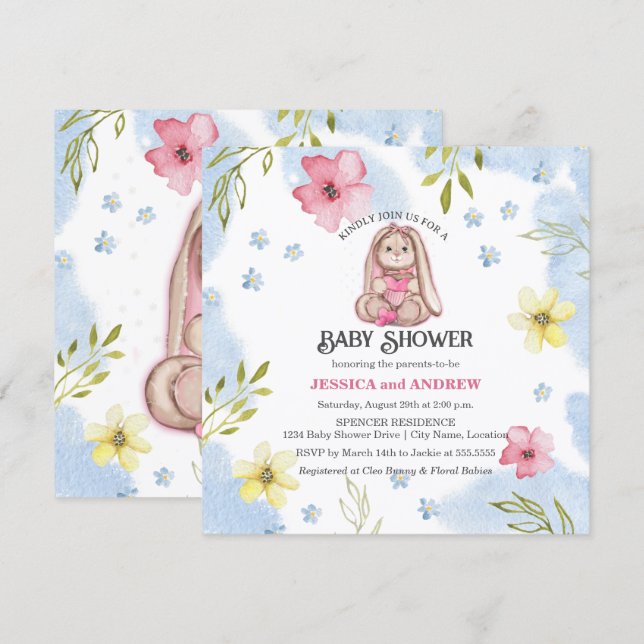 Invitation Baby shower lapin fille Whimsical (Devant / Derrière)