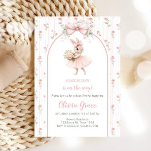 Invitation Baby Shower Lapin Floral & Ruban Rose 