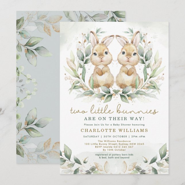 Invitation Baby shower lapin jumeau verdoyant lapin de Pâques (Devant / Derrière)
