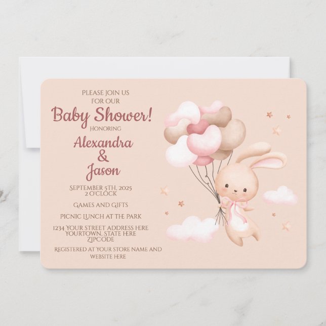 Invitation Baby shower lapin lapin en bois rose (Devant)