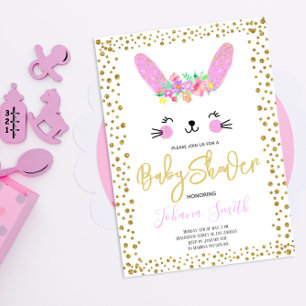 Invitation Baby Shower Lapin Rose Confetti Doré