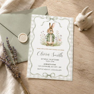 Invitation Baby-Shower Lapin Tissu Gingham Sage