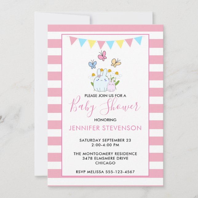 Invitation Baby shower lapins, papillons et marguerites (Devant)