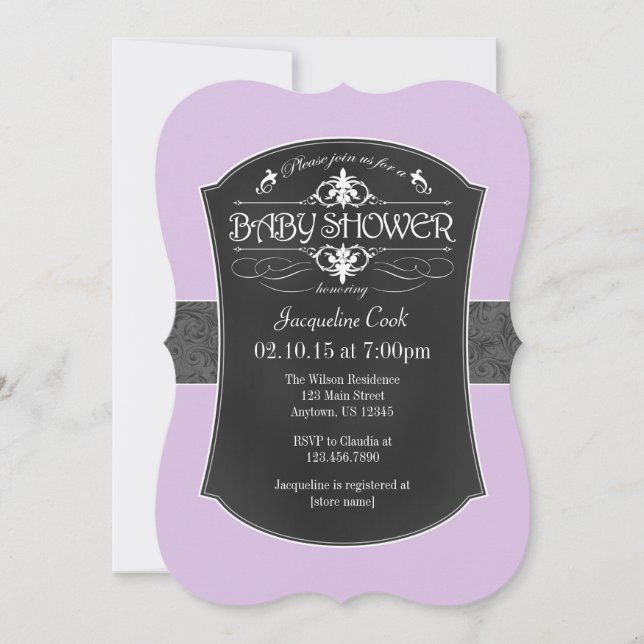 Invitation Baby shower Lavender Grey Chalkboard (Devant)
