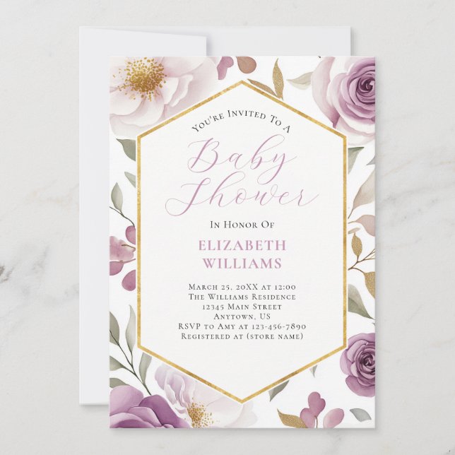 Invitation Baby shower Lavender Purple Gold Roses Peonies (Devant)