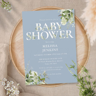 Invitation Baby Shower Lettre Feuillage Verdure Bleu Poussiér